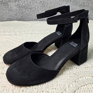 Eileen Fisher Black Suede Ankle Strap D'Orsay Block Heel Pumps‎ Size 7 Back Zip